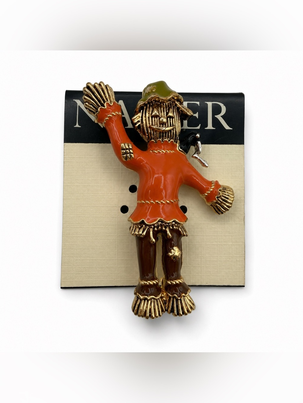 Napier Scarecrow Brooch Pin Gold Tone Enamel Fall Harvest Thanksgiving Jewelry